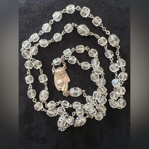 Vintage sterling silver rosary w/ crystal beads, depicting Mary and baby Jesus